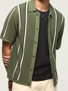 NEW Lucky Brand Men's Knitted Casual Collar Short Sleeve Button Down Tops xL